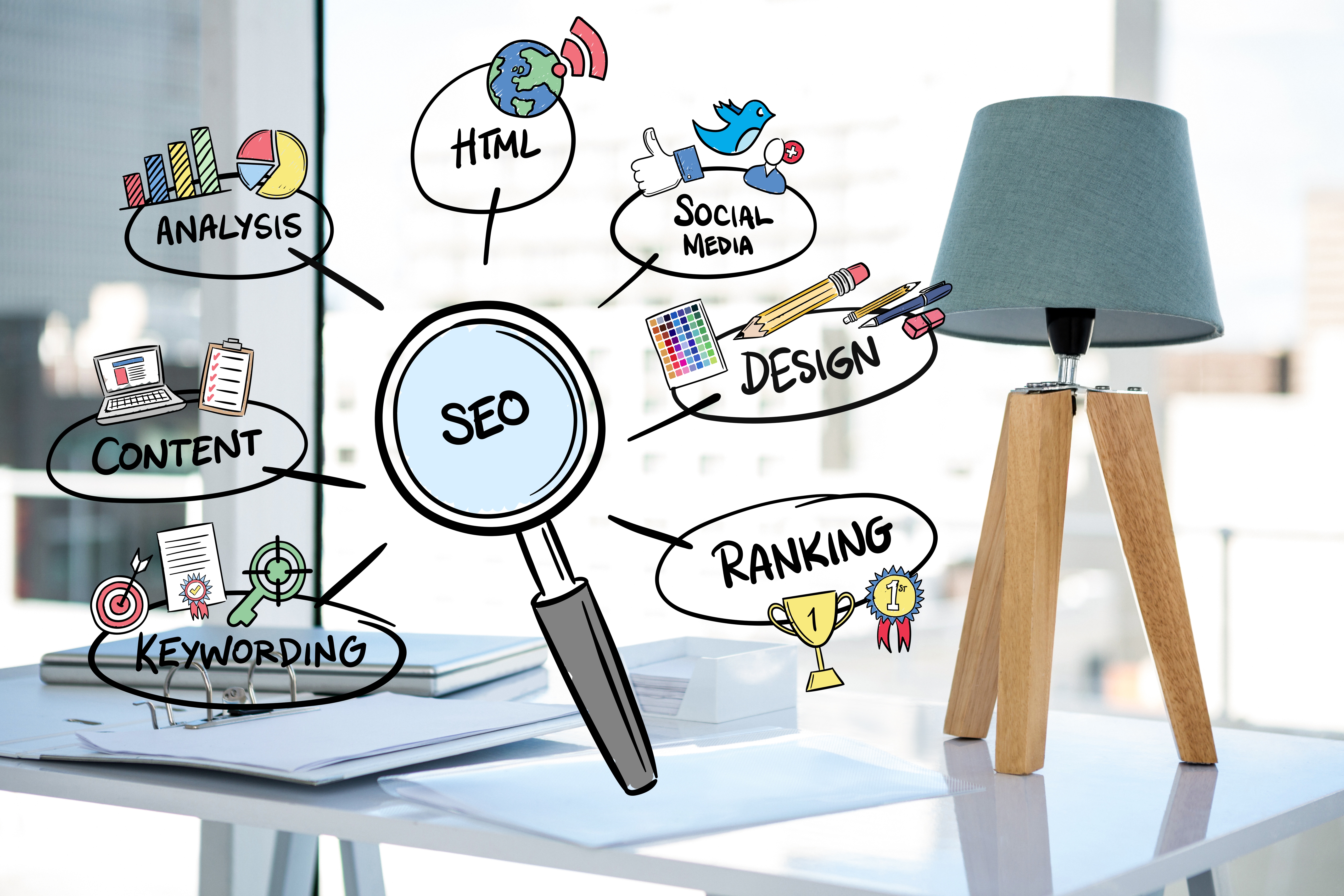 Diagram showing key elements of a Search Engine Optimization strategy like keywords, links, and content