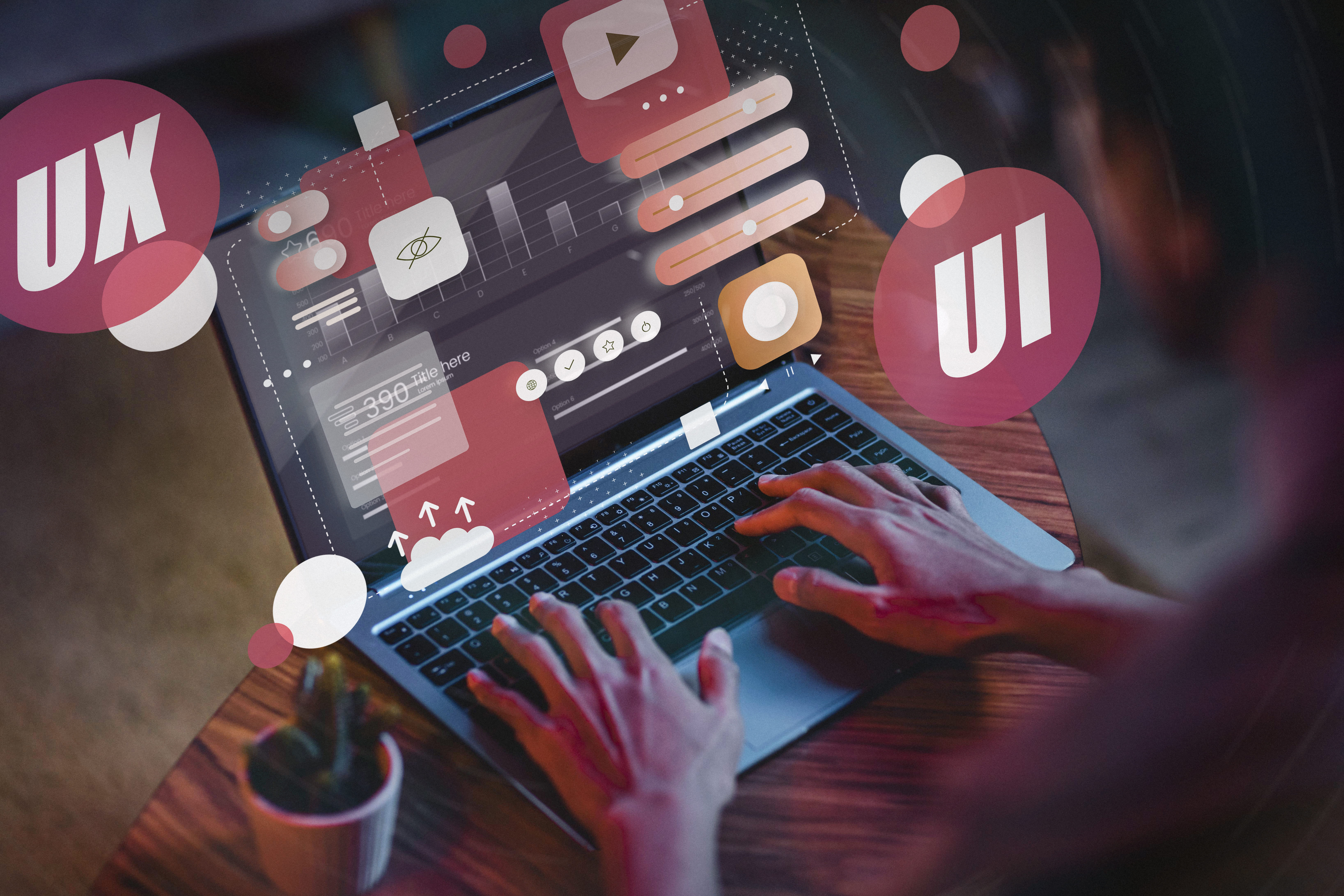 Graphic designer working on UI/UX elements and branding visuals on a computer screen
